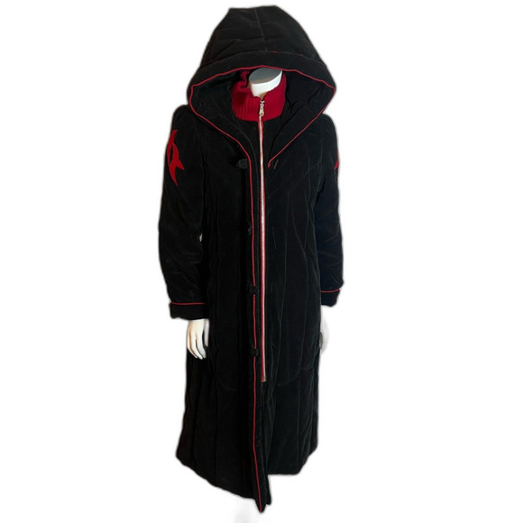 Vintage 1980s Dew-East Black and Red Corduroy Knee Length Jacket Goth Size M